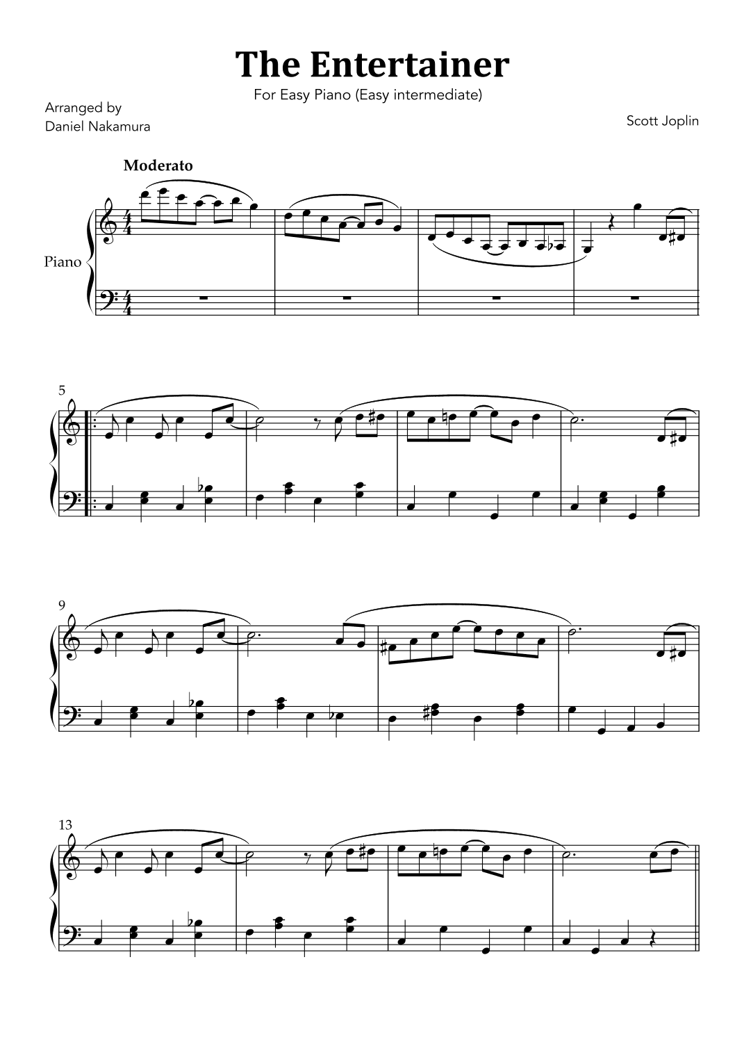 The Entertainer for Easy Piano (easy intermediate) (arr. Daniel Nakamura)