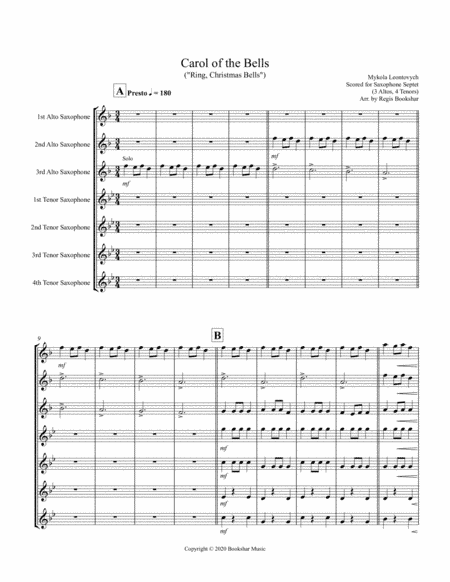 Carol of the Bells (F min) (Saxophone Septet - 3 Alto, 4 Ten) (arr. Regis Bookshar)