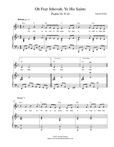 Oh Fear Jehovah, Ye His Saints (Psalm 34:9-14) for unison choir and piano (Lectionary Psalm)