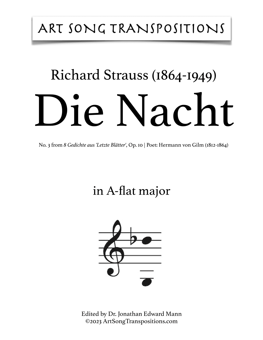 STRAUSS: Die Nacht, Op. 10 no. 3 (transposed to A-flat major) (arr. ArtSongTranspositions.com)