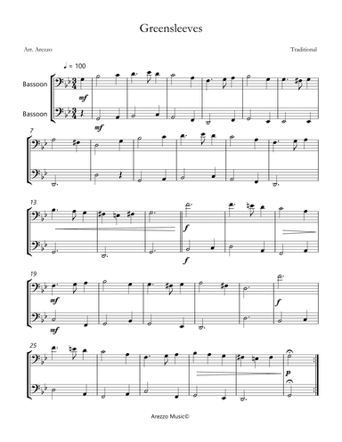 Greensleeves Bassoon Duo Sheet Music Celtic traditional (arr. Arezzo Music)