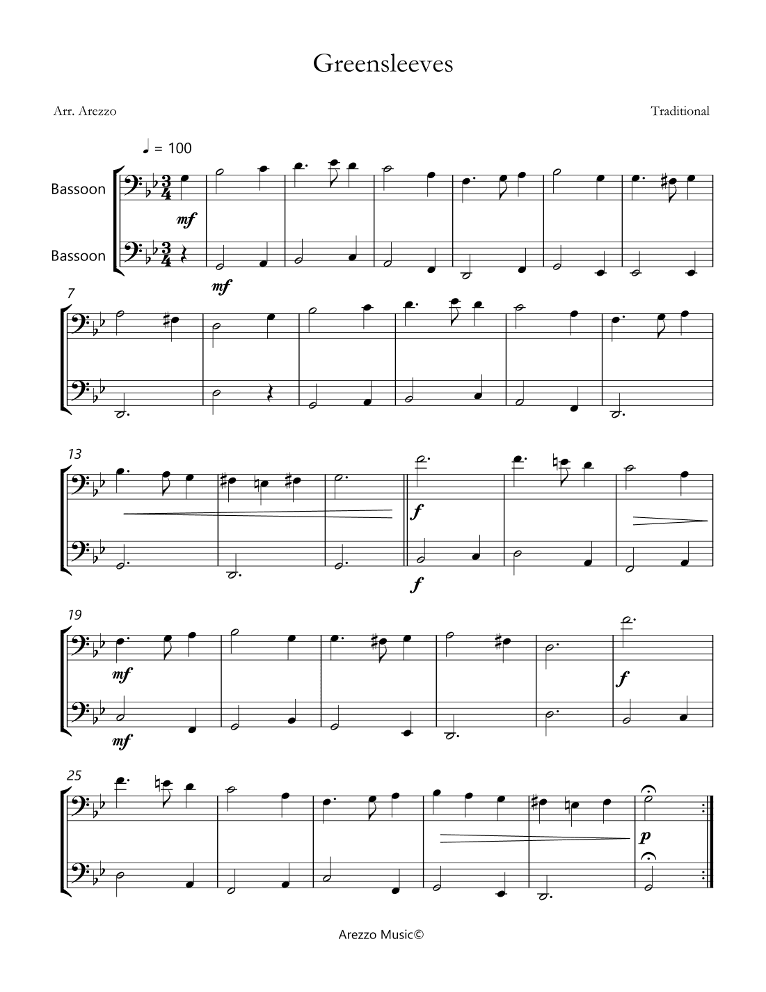 Greensleeves Bassoon Duo Sheet Music Celtic traditional (arr. Arezzo Music)