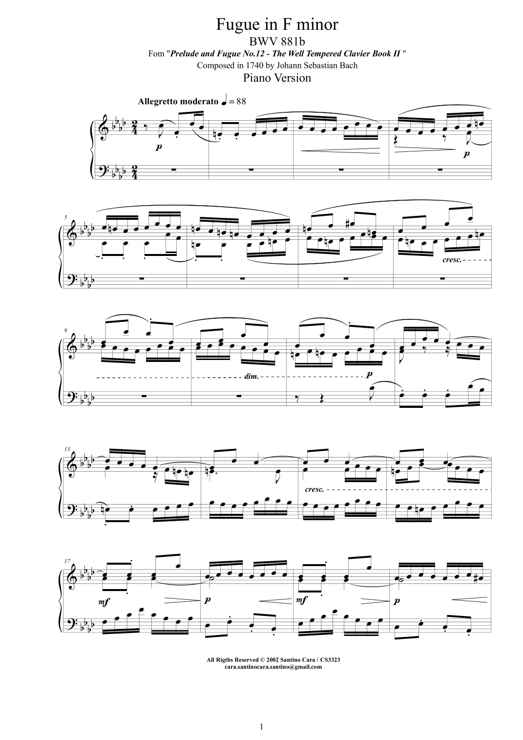 Bach - Fugue in F minor BWV 881b - Piano version (arr. Santino Cara)