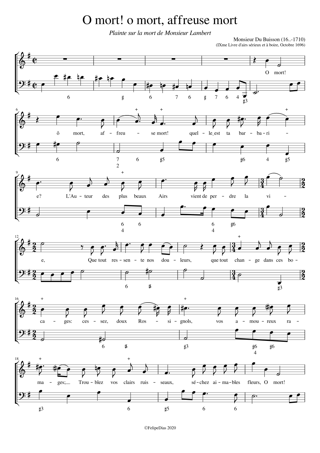 Plainte sur la mort de Monsieur Lambert: O mort! o mort, affreuse mort (arr. Early Music Scores)