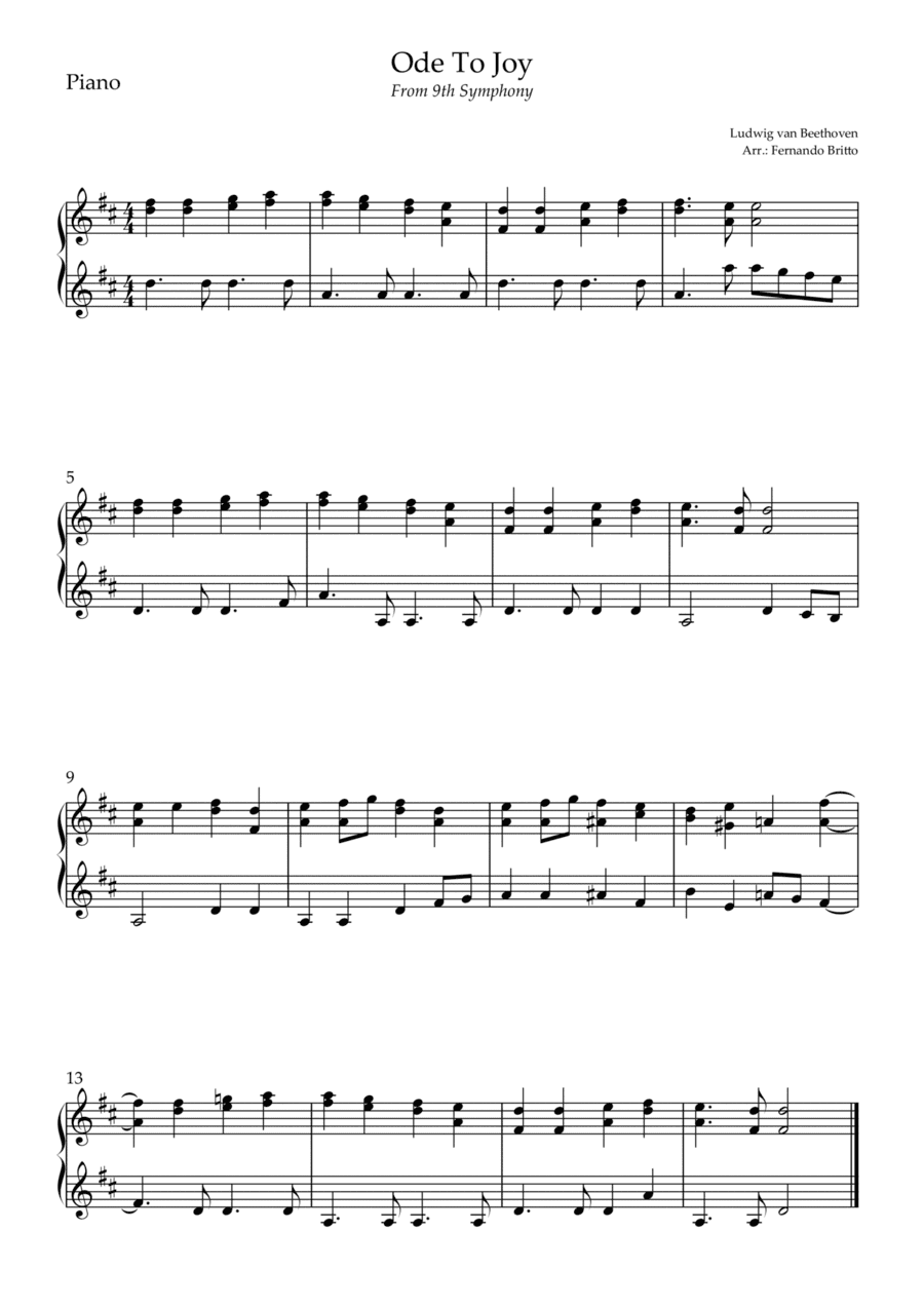 Ode To Joy (from Beethoven's 9th Symphony) for Piano Solo (arr. Fernando Britto)