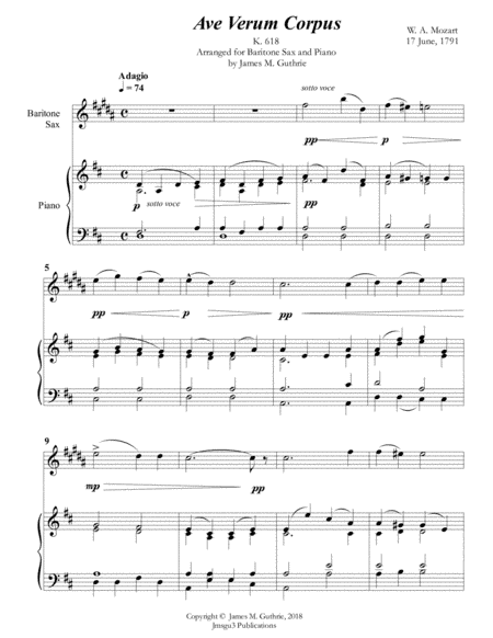 Mozart: Ave Verum Corpus for Baritone Sax & Piano (arr. James M. Guthrie, ASCAP)