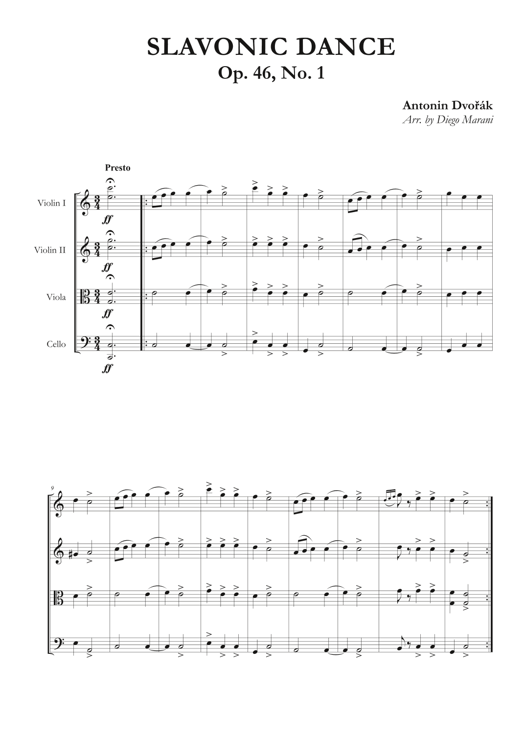 Slavonic Dance Op. 46,  No. 1 for String Quartet (arr. Diego Marani)