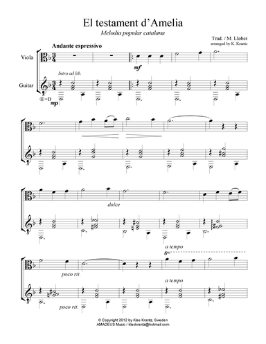 El Testament d'Amelia for viola and guitar (arr. K. Krantz)