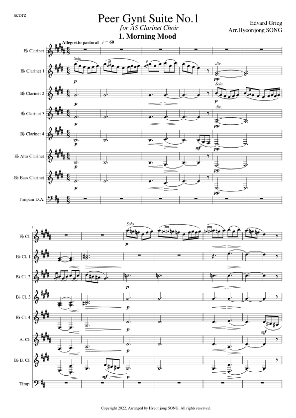Peer Gynt Suite No.1 for Clarinet Choir (arr. Hyeonjong SONG)