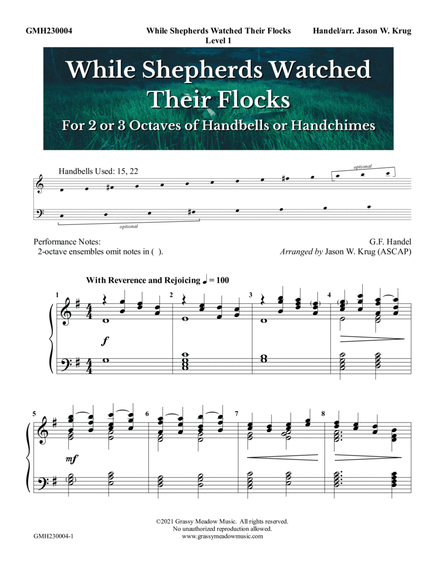 While Shepherds Watched Their Flocks (for 2-3 octave handbell or handchime ensemble) (site license) (arr. Jason W. Krug)