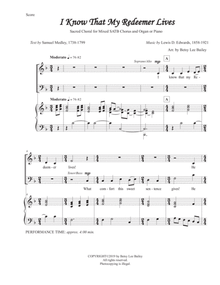 I Know That My Redeemer Lives for Mixed SATB Chorus and Organ or Piano (arr. Betsy Lee Bailey)