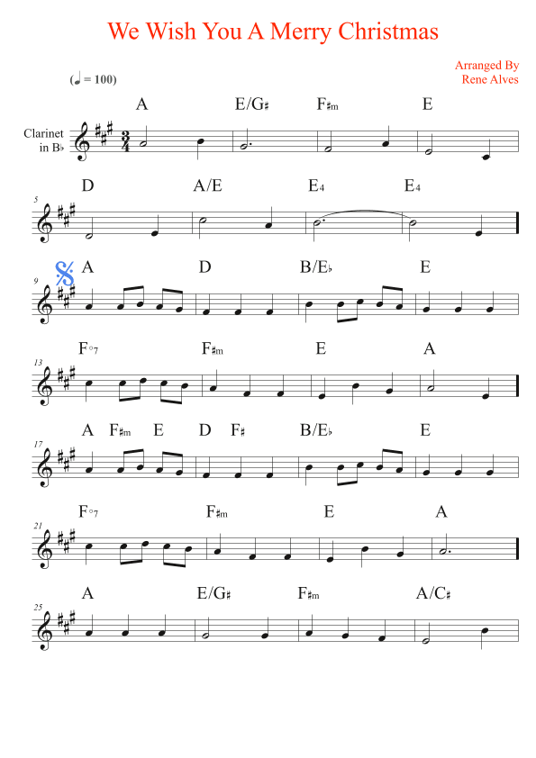 We Wish You A Merry Christmas, score and clarinet melody in Bb for the beginning musician (easy). (arr. Rene Alves)