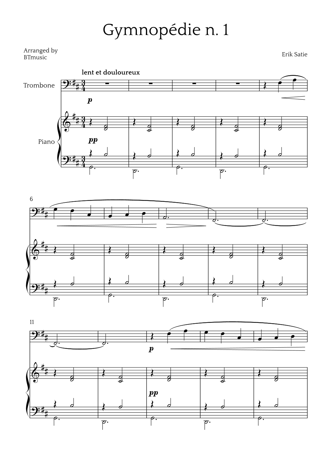 Gymnopédie N.1 - Trombone and Piano (arr. BTmusic)