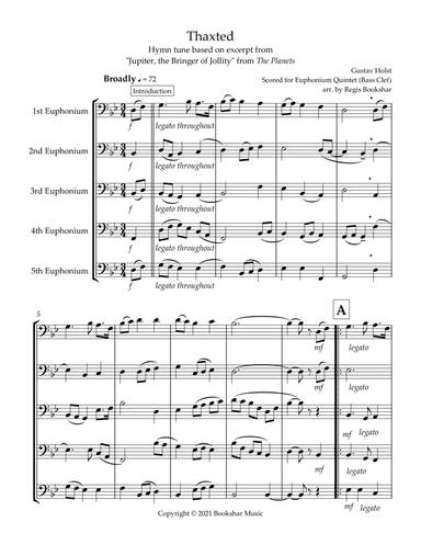 Thaxted (hymn tune based on excerpt from "Jupiter" from The Planets) (Bb) (Euphonium Quintet) (Bass (arr. Regis Bookshar)