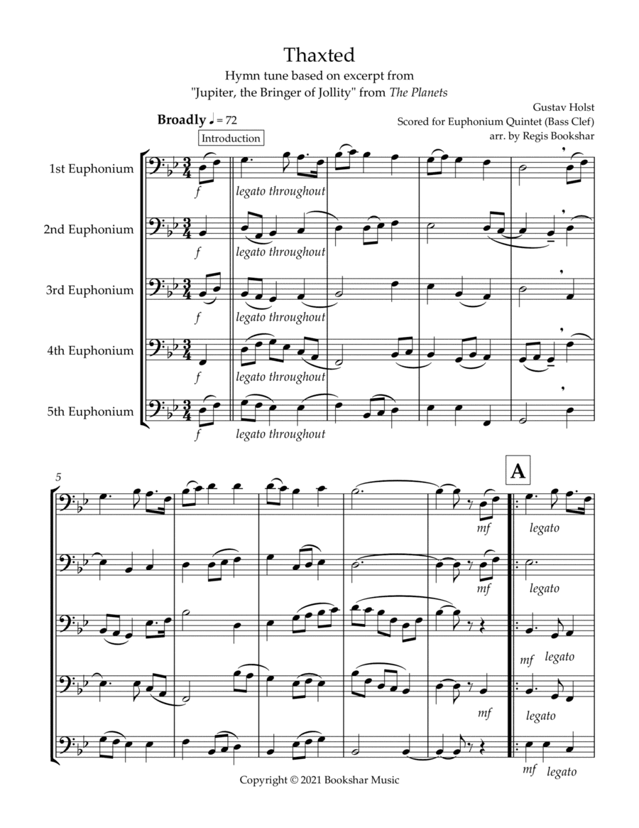 Thaxted (hymn tune based on excerpt from "Jupiter" from The Planets) (Bb) (Euphonium Quintet) (Bass (arr. Regis Bookshar)