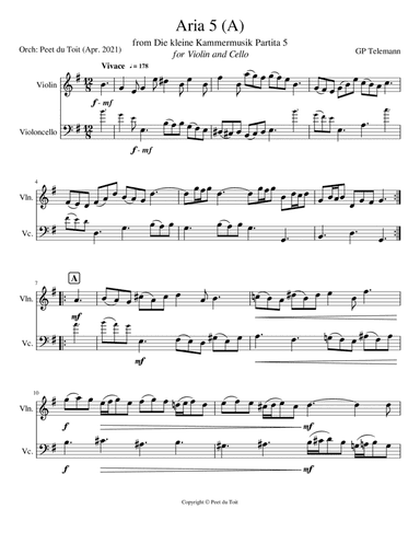 Aria 5 (A) from Die kleine Kammermusik Partita 5 - GP Telemann (Violin & Cello) (arr. Peet du Toit)