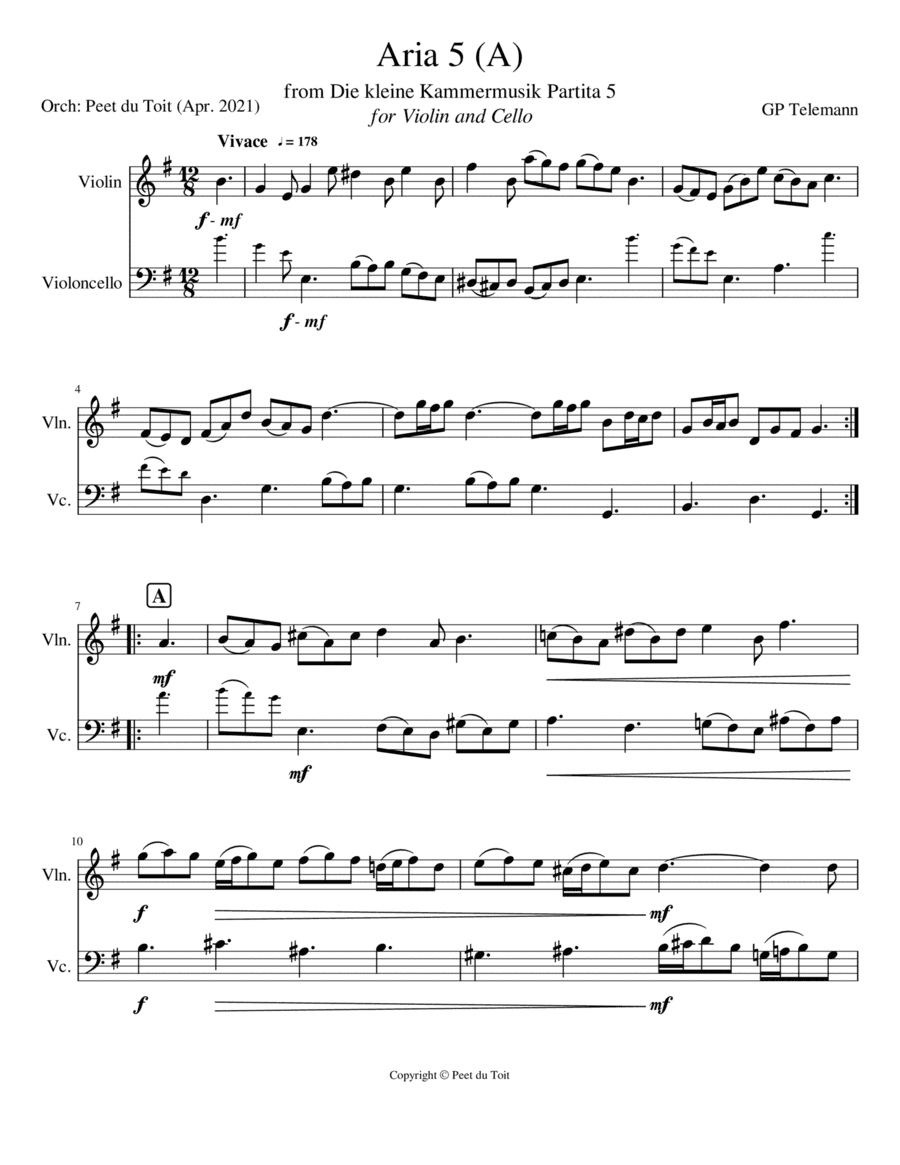 Aria 5 (A) from Die kleine Kammermusik Partita 5 - GP Telemann (Violin & Cello) (arr. Peet du Toit)