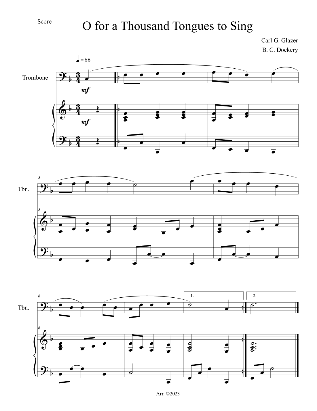 O For a Thousand Tongues to Sing (Trombone Solo with Piano Accompaniment) (arr. B. C. Dockery)