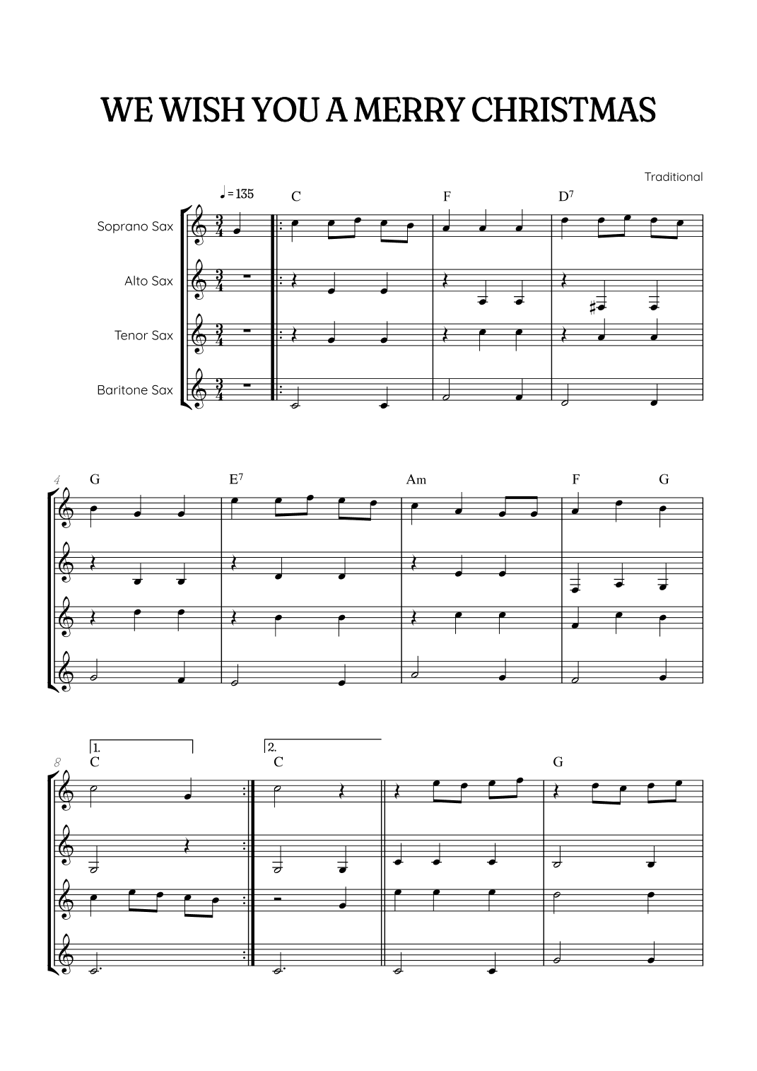 We Wish You a Merry Christmas for Sax Quartet • easy Christmas sheet music w/ chords (arr. Benzaiten Editions)