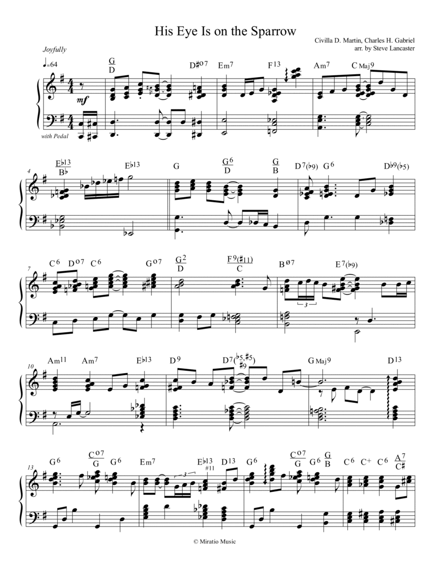 His Eye Is on the Sparrow - joyful arr. for solo piano (arr. Steve Lancaster)