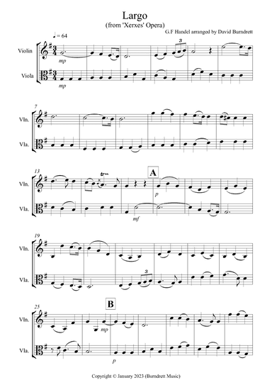 Largo (from Handel's Opera Xerxes) for Violin and Viola Duet (arr. David Burndrett)