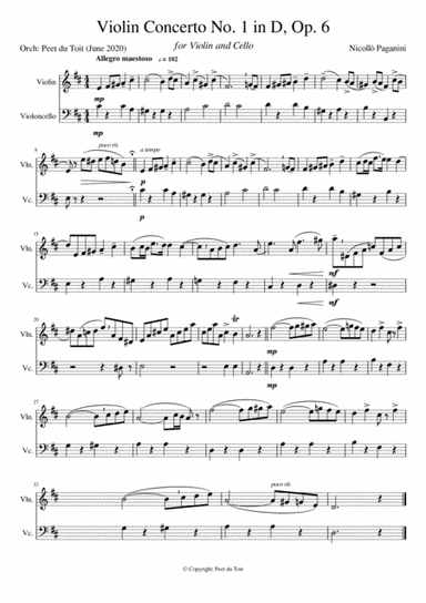 Violin Concerto in D, no. 1, Op. 6 - Allegro moderato (I) - N Paganini (Violin & Cello) (arr. Peet du Toit)