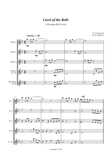 Carol of the Bells (Ukrainian Bell Carol) - Jazz Arrangement for Flute Quartet (arr. K. Agioritis)