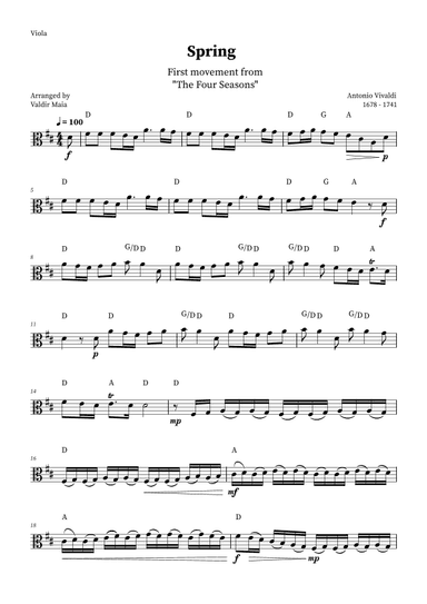 Spring - The Four Seasons for Viola Solo (D Major with chords) (arr. Valdir Maia)