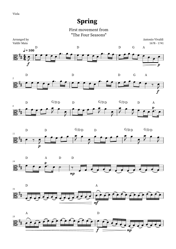 Spring - The Four Seasons for Viola Solo (D Major with chords) (arr. Valdir Maia)