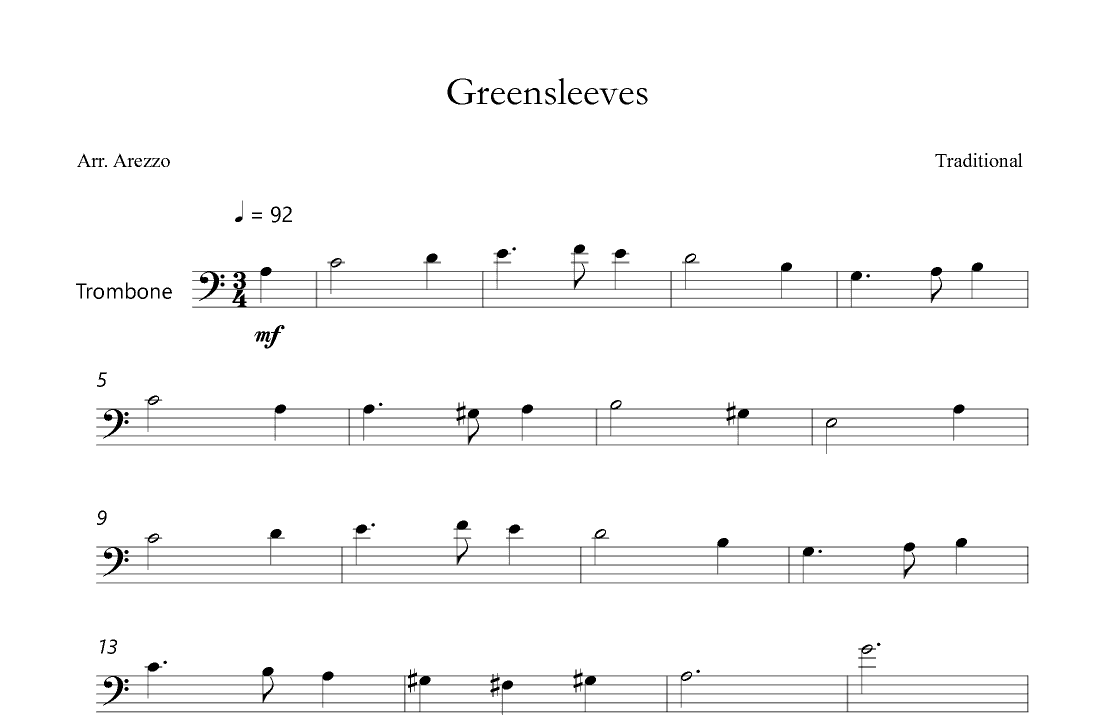 Greensleeves Lead Sheet for  Trombone (arr. Arezzo Music)