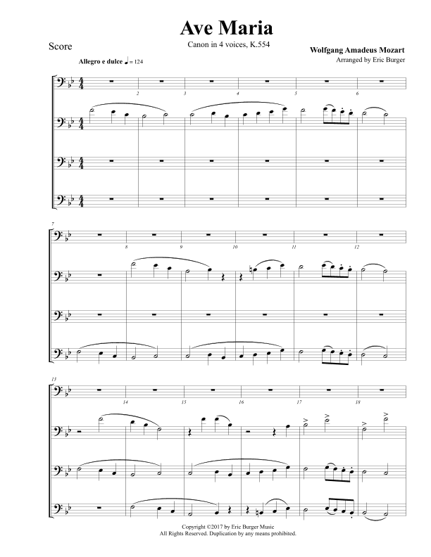 Ave Maria for Trombone or Low Brass Quartet (arr. Eric Burger Music)