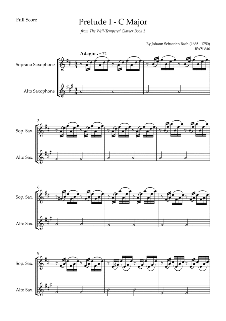 Prelude 1 in C Major BWV 846 (from Well-Tempered Clavier Book 1) for Soprano Saxophone & Alto Saxoph (arr. Fabio Britto)