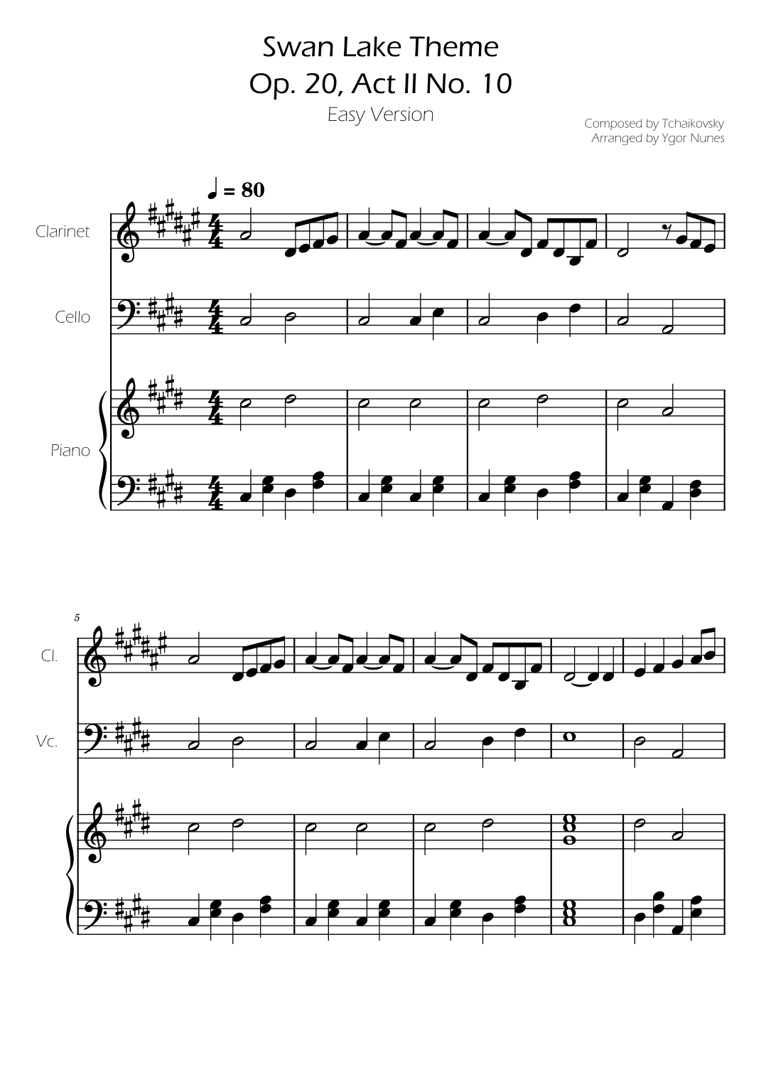 Swan Lake (theme) - Tchaikovsky - Cello and Clarinet w/ Piano Accompaniment (arr. Ygor Nunes)