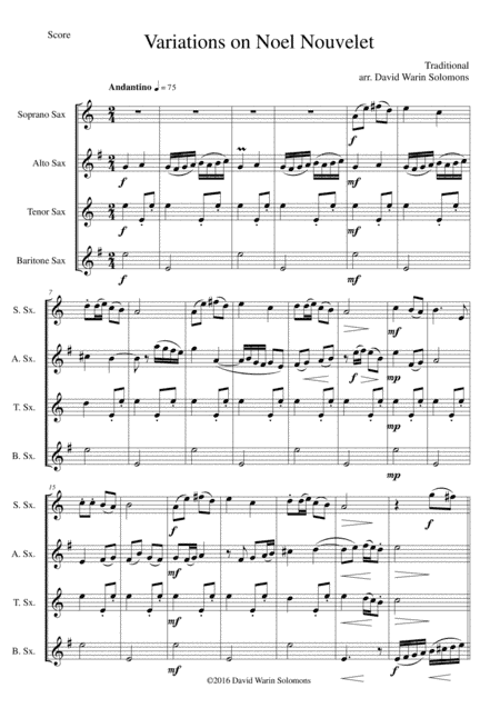 Variations on Noel Nouvelet for saxophone quartet (arr. David Warin Solomons)