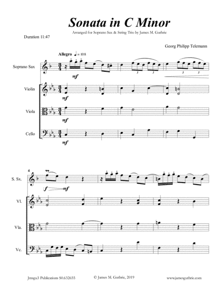 Telemann: Sonata in C Minor for Soprano Sax & String Trio (arr. James M. Guthrie, ASCAP)