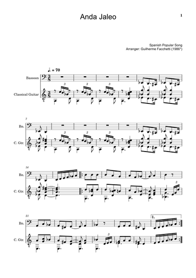 Spanish Popular Song - Anda Jaleo. Arrangement for Bassoon and Classical Guitar. Score and Parts (arr. Guilherme Facchetti)