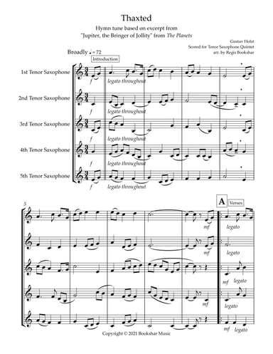 Thaxted (hymn tune based on excerpt from "Jupiter" from The Planets) (Bb) (Tenor Saxophone Quintet) (arr. Regis Bookshar)