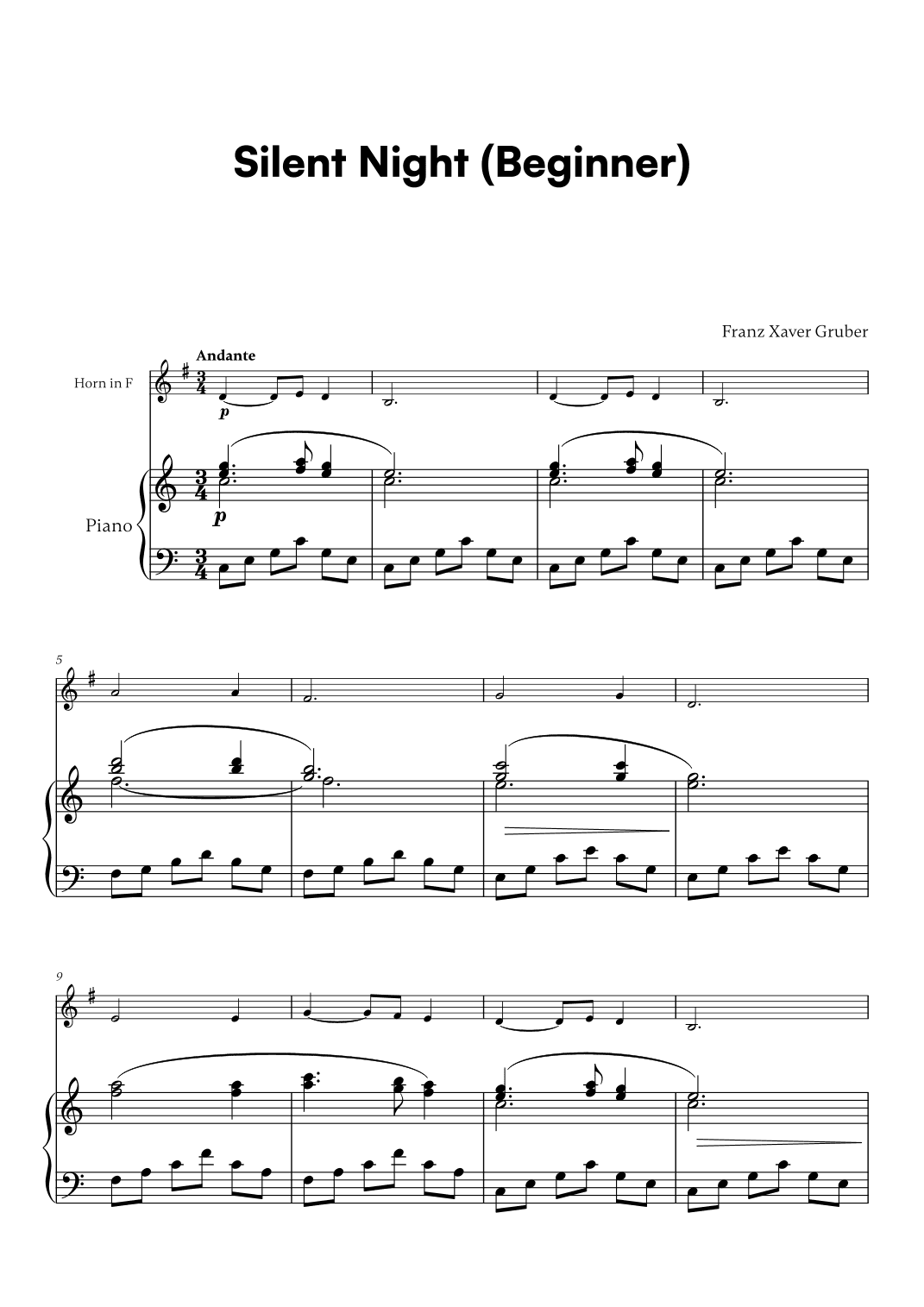 Franz Xaver Gruber - Silent Night Beginner (for French Horn and Piano) (arr. Cadenza Editions)