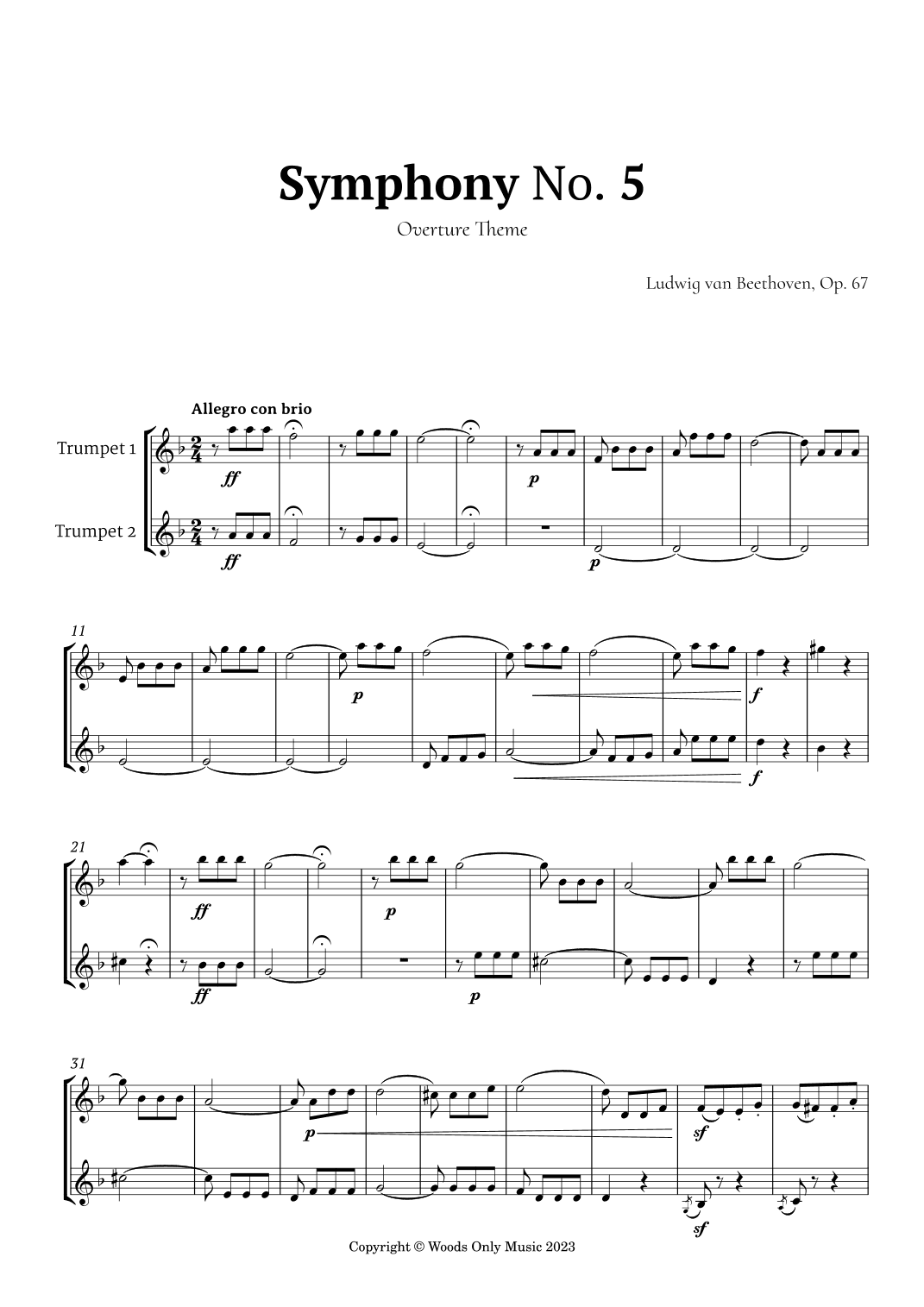Symphony No. 5 by Beethoven for Trumpet Duet (arr. Ander)