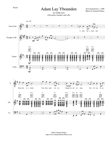 Adam Lay Ybounden - for SATB choir, guitar, trumpet, and cello (arr. Samuel Stokes)
