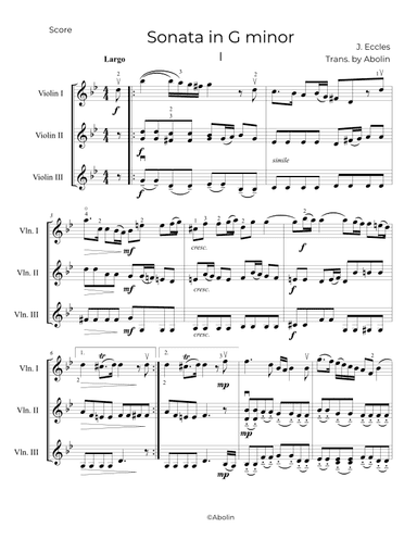 Eccles: Sonata in G minor - Violin Trio (arr. Abolin)