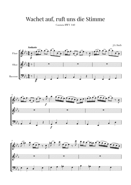 Bach - Wachet auf, ruft uns die Stimme BWV 140 (for Flute, Oboe and Bassoon) (arr. Cadenza Editions)