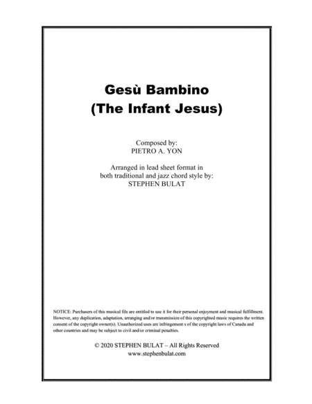 Gesù Bambino (The Infant Jesus) - Lead sheet arranged in traditional and jazz style (key of E) (arr. Stephen Bulat)