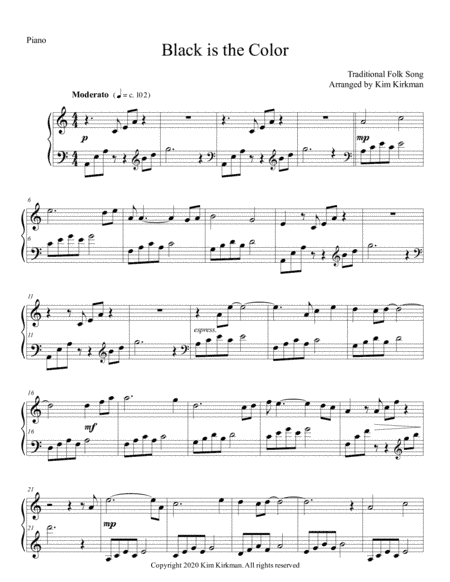 Black is the Color (of My True Love's Hair) for piano no black notes needed (arr. Kim Kirkman)