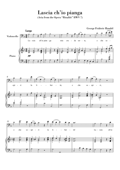 Lascia ch'io pianga (for Violoncello and Piano) Original Key F major (arr. Ahiva Editions)