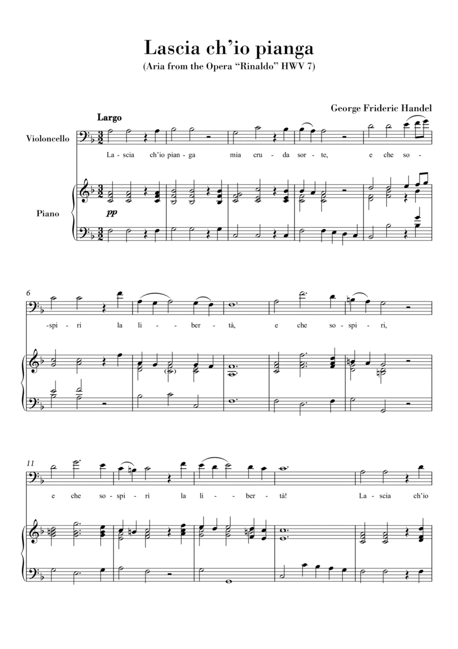 Lascia ch'io pianga (for Violoncello and Piano) Original Key F major (arr. Ahiva Editions)