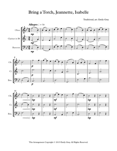 Bring a Torch, Jeannette, Isabelle (Woodwind Trio) (arr. Emily Gray)