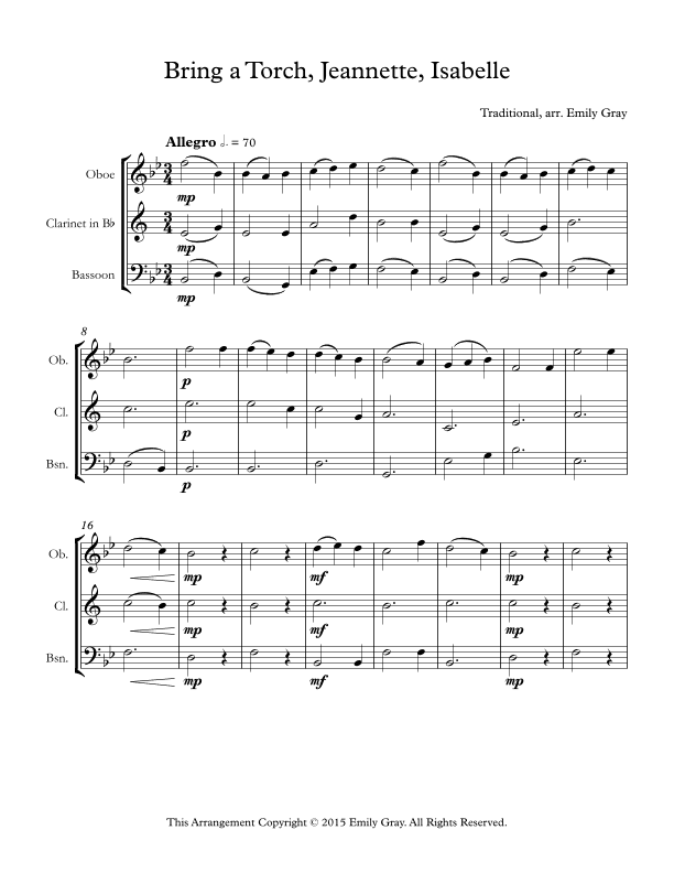 Bring a Torch, Jeannette, Isabelle (Woodwind Trio) (arr. Emily Gray)
