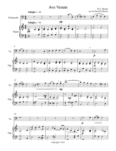Ave Verum for Solo Cello and Organ (arr. David Brown)