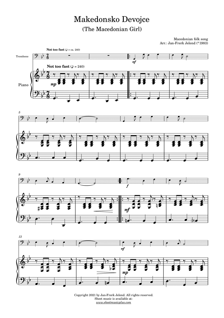 Makedonsko Devojce (The Macedonian Girl) - Eastern European folk song (arr. for trombone and piano) (arr. Jan-Frerk Jelend (*1983))